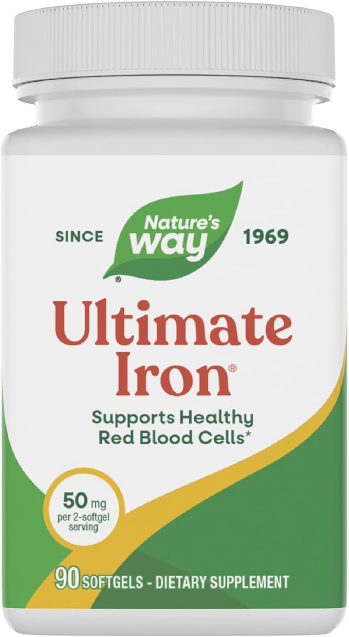 Nature’s Way Ultimate Iron Supports Healthy Red Blood Cells* Supports Cellular Energy Production* 50 mg per 2-Softgel Serving Gluten-Free 90 Softgels (Packaging May Vary)
