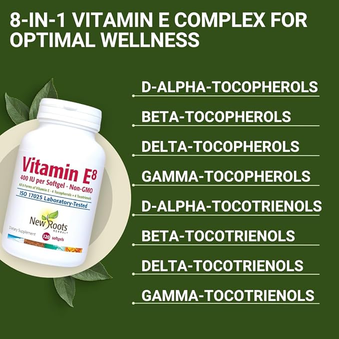 NEW ROOTS HERBAL Vitamin E 400 IU Capsules | Vitamin E8 Supplement (120 Softgels) with All 8 Types of Vitamin E | 4 Tocopherols &amp 4 Tocotrienols for Women &amp Men