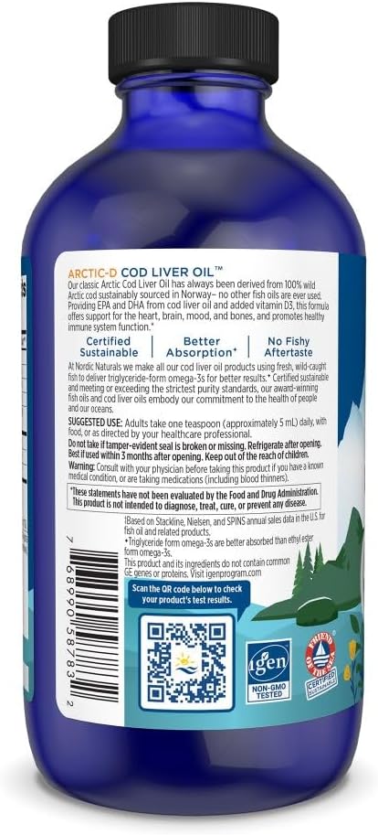 Nordic Naturals Arctic-D Cod Liver Oil Lemon - 8 oz - 1060 mg Total Omega-3s + 1000 IU Vitamin D3 - EPA &amp DHA - Heart Brain Bone Immune &amp Mood Support - Non-GMO - 48 Servings