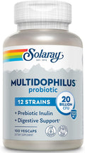 Solaray Multidophilus 12 Strain Probiotic 20 Billion CFU Probiotics for Digestive Health for Women and Men Daily Gut Health Support Complex with Prebiotic Inulin No Dairy - 100 VegCaps