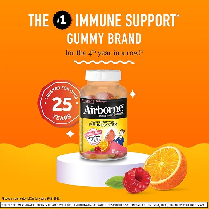 Airborne 750mg Vitamin C Immune Support Supplement Gummies for Adults Assorted Fruit Flavor Gluten Free Crafted Blend with Powerful Antioxidants Vitamins A C &amp E 63 Gummies (3 Pack)
