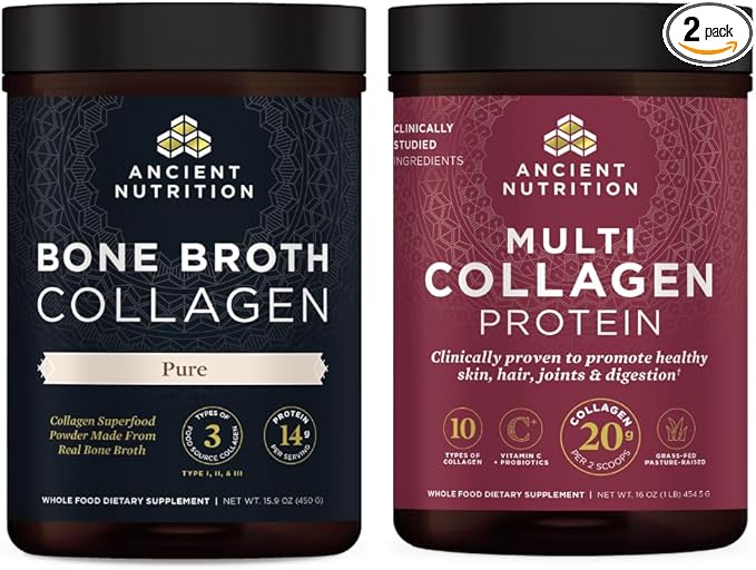 Ancient Nutrition Bone Broth Collagen Powder Pure 30 Servings + Multi Collagen Protein Powder Unflavored 45 Servings