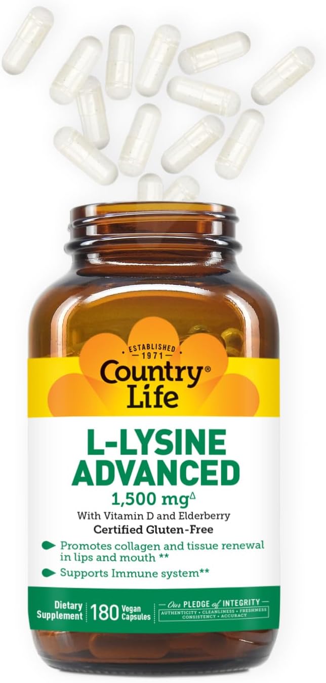Country Life L-Lysine 1500mg Capsules with Vitamin D &amp Elderberry – Advanced Immune Support and Collagen Renewal – Certified Gluten-Free &amp Vegan – 180 Capsules