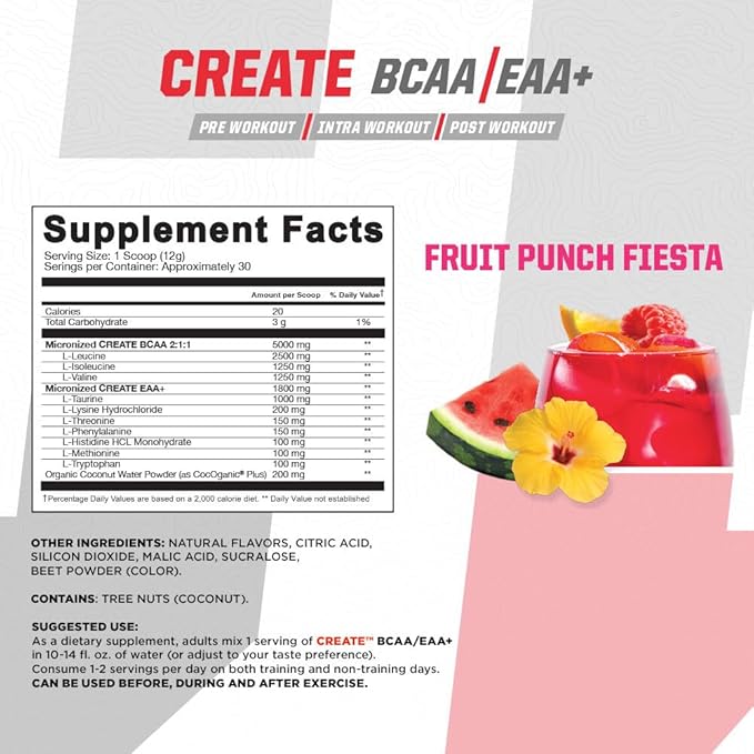 Undefined Nutrition Create BCAA/EAA+ by Brian Shaw -Muscle Recovery &amp Endurance 6.8g BCAA/EAA Matrix -Full Spectrum BCAA + Essential Amino Acids Supplement – 30 Servings (127 oz Fruit Punch Fies