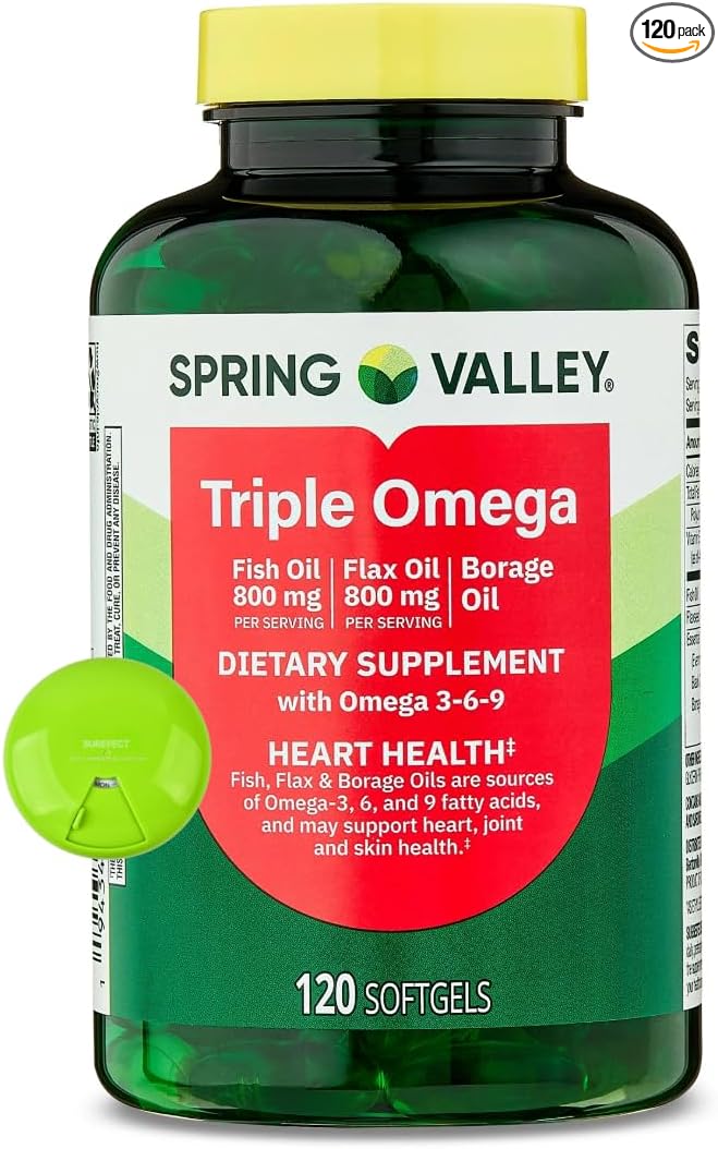 SUREFECT Spring Valley Triple Omega 3-6-9 Softgels with Fish Flax &amp Borage Oil - 120 Count Organizer.