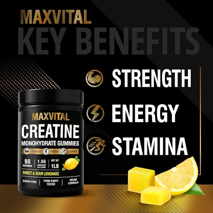 Creatine Monohydrate Gummies 1500 mg – Sweet &amp Sour Lemonade Chewable – Pre-Workout for Strength &amp Muscle Support – Vegan Sugar-Free &amp Halal – for Men &amp Women – 90 Gummies