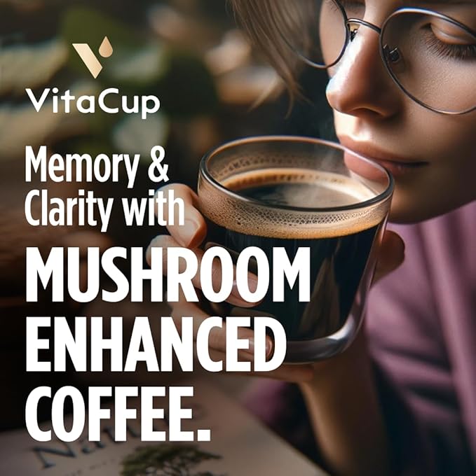 VitaCup Mushroom Coffee Instant Packets for Memory &amp Clarity Support w/Fiber Chaga Lion’s Mane D3 B Vitamins Medium Roast 100% Arabica &amp Robusta Coffee in Single Serve Sticks 24 Ct