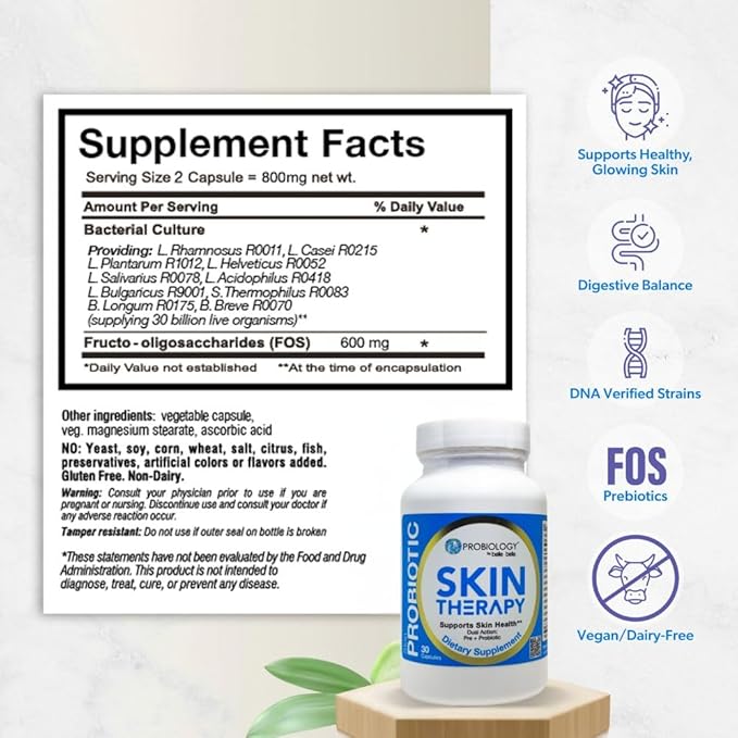 belle+bella Probiotic Skin Therapy - Dual Action Probiotic &amp Prebiotic Supplement for Healthy Glowing Skin from Within - Non-GMO Vegan &amp Gluten Free - 30 Caps