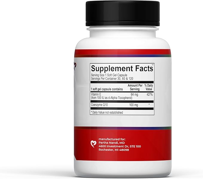 CoQ10 Supplement 30 Days 100mg. Antioxidant Coenzyme Q10 Energy Supplement Vitamin Caps w/Vitamin E. Ultra High Absorption Ubiquinone for Heart Brain Health ATP Energy Endurance by Doctor Nandi