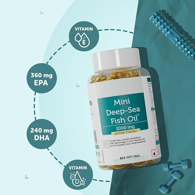 Generic Fish Oil 1000 mg with Lemon Flavour- 2X Omega 3 360mg EPA &amp 240mg DHA with Vitamin D3 &amp E | No Fishy Burps/After Taste Heart Health Support | 60 Softgels (30 Days Supply)