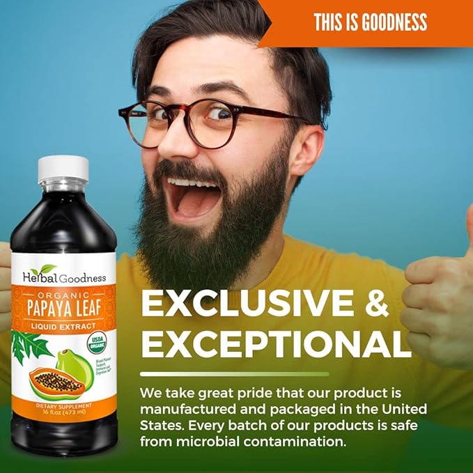 Herbal Goodness Papaya Leaf Extract Platelet Support - 15X Blood Platelet Boost Bone Marrow &amp Spleen Support Immune &amp Gut Health Digestive Enzyme - Organic Kosher 16 oz Liquid Extract (Pack