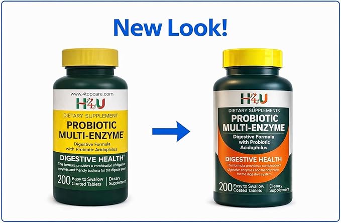 H4U Multi-Enzymes with Probiotic Acidophilus Organic Prebiotics &amp Probiotics for Gut and Digestive Health - Relief from Meal Time Discomfort &amp Bloating - Tablets Dietary Supplement - 200 Coun