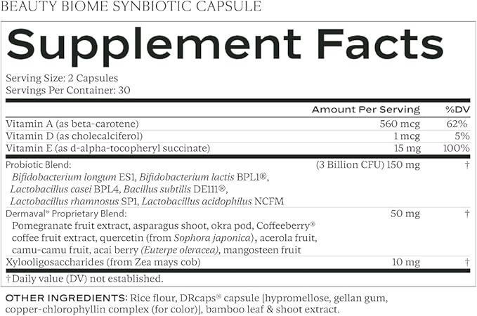 SAKARA Beauty Biome – Daily Synbiotic Supplement for Skin + Gut Health with Probiotic Dermaval Vitamins A D E Antioxidants Prebiotics &amp Enzymes – for Clear Radiant Hydrated Skin – 60 Capsu