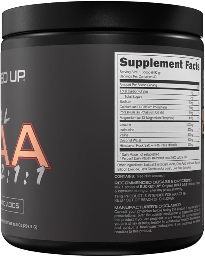 Bucked Up Original BCAA 2:1:1 Branched Chain Essential Amino Acids - Supplement Powder - | 100% Pure 2:1:1 Instantized Formula | Pre/Post Workout | 30 Servings | (Peach Ring Flavor)