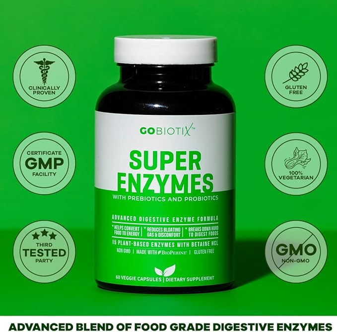GOBIOTIX Super Enzymes Supplement - Digestive Enzymes with Prebiotics and Probiotics for Women and Men - Supports Gut Health Gluten Digestion Lactose Absorption Plant Based Dietary Pills
