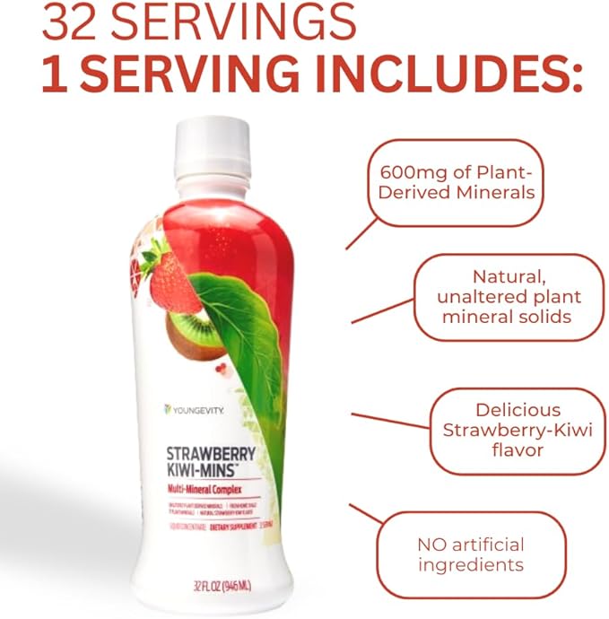 Youngevity Strawberry Kiwi-Mins Plant Derived Multi-Mineral Complex - Made from Humic Shale - Liquid Colloidal Form - Kid Friendly Taste - (32oz - 4 Pack)
