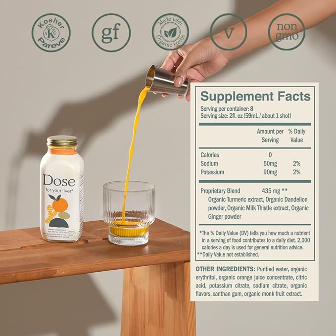 DOSE for Your Liver Support Supplement Shot| Non GMO Vegan Gluten Free Kosher Pareve | 16oz (9 Bottles) &amp 2oz Shot Glass (2 Glasses)