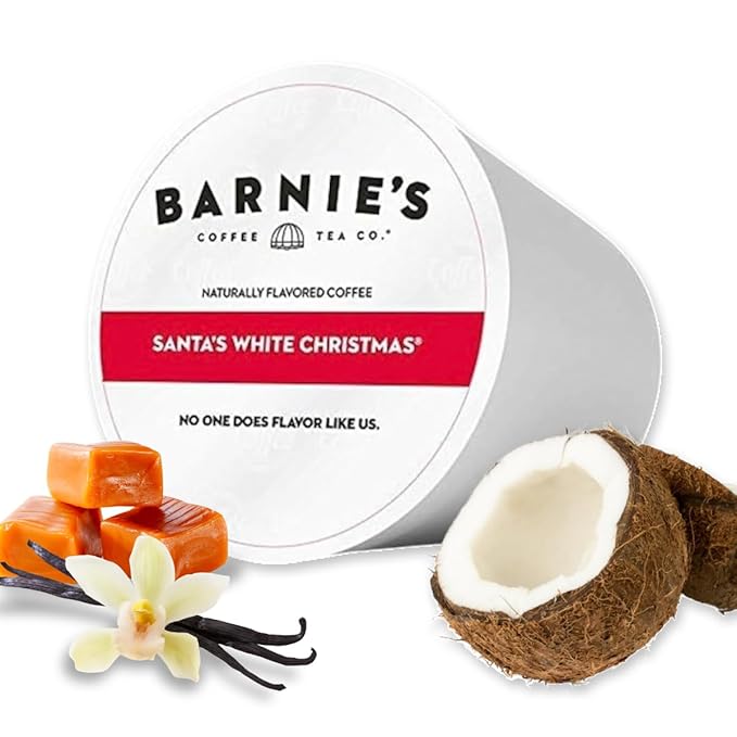 Barnie's Santa's White Christmas Coffee Pods Compatible with Keurig Brewers - A Festive Holiday Coffee Blend of Coconut Vanilla and Caramel Flavors - 48 count