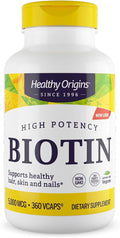 Healthy Origins Biotin 5000 mcg (5 mg) 360 Veggie Capsules - High Potency USP Grade Vitamin B7 Supplement - Supports Healthy Hair Growth Strong Nails &amp Glowing Skin - Non-GMO Vegan &amp Glute