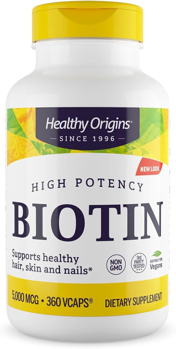 Healthy Origins Biotin 5000 mcg (5 mg) 360 Veggie Capsules - High Potency USP Grade Vitamin B7 Supplement - Supports Healthy Hair Growth Strong Nails &amp Glowing Skin - Non-GMO Vegan &amp Glute