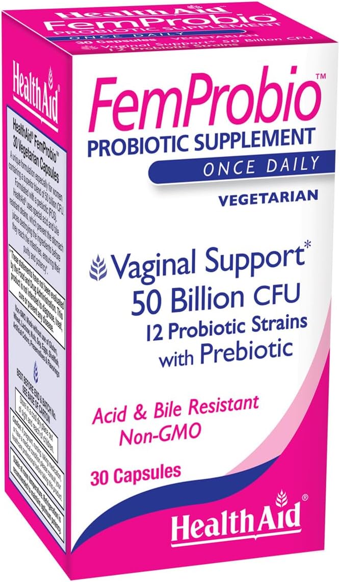 HealthAid FemProbio – Once-Daily Probiotic with Prebiotic Fiber | 50 Billion CFU | 30 Vegetarian Capsules | Acid &amp Bile Resistant Lactose Gluten &amp GMO-Free