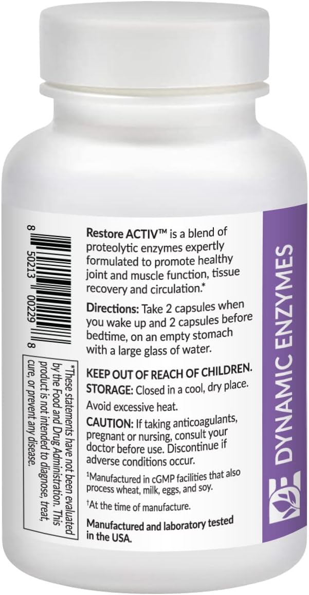 Restore ACTIV Systemic Enzymes – Acid-Resistant Serrapeptase 90000 SPU + Nattokinase 400 FU – Protease Blend for Muscle Joint &amp Tissue Support – Supports Healthy Circulation – 90 Veg Caps