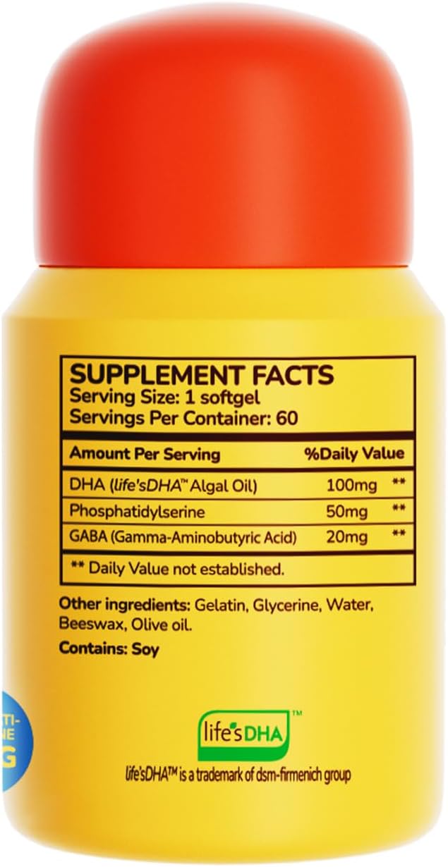HUJ DHA 100mg - Kids DHA Supplemnent - Algal Oil - Contain DHA Phosphatidyserine &amp GABA - Supports Mental EnergyVisual FunctionMemory and Focus* - 60 Softgels