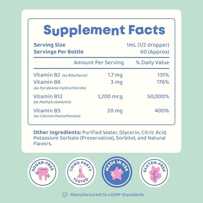 JoySpring Burst B12 Drops - Vitamin B Complex for Kids with Methyl B12 Supplement to Support Healthy Growth &amp Development Vegan Liquid B12 Drops Ages 3-16+ | 2 fl oz (60 Servings)