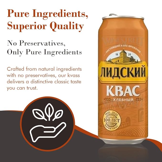 LIDSKI Bread Kvass - Imported Rye Bread Soft Drink (Pack of 6) - Authentic Eastern European Naturally Fermented Kvass - Kvass Drink with Natural Carbonation &amp Probiotics - 0.5L / 16.91 Fl oz