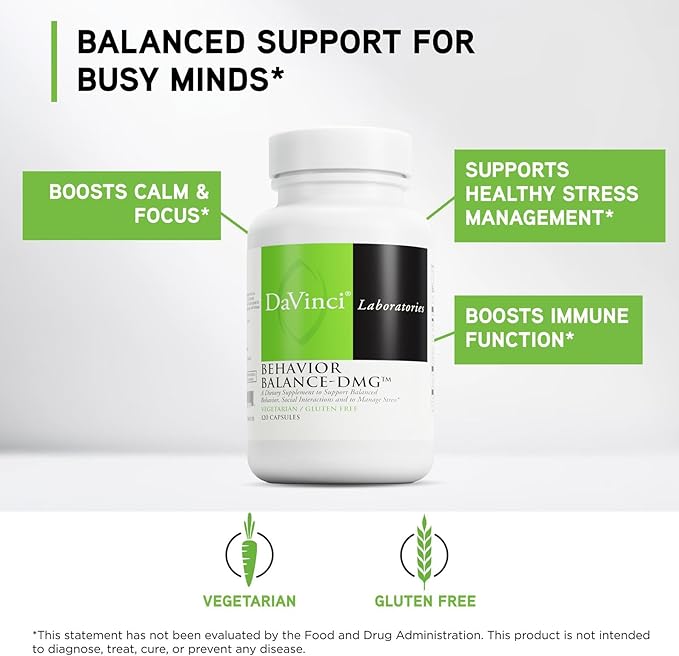DAVINCI Labs Behavior Balance-DMG - Dietary Supplement to Support Clarity Social Skills Stress Coping and Immune Health* - with Vitamin E B6 Zinc and More - Gluten-Free - 120 Vegetarian Capsules