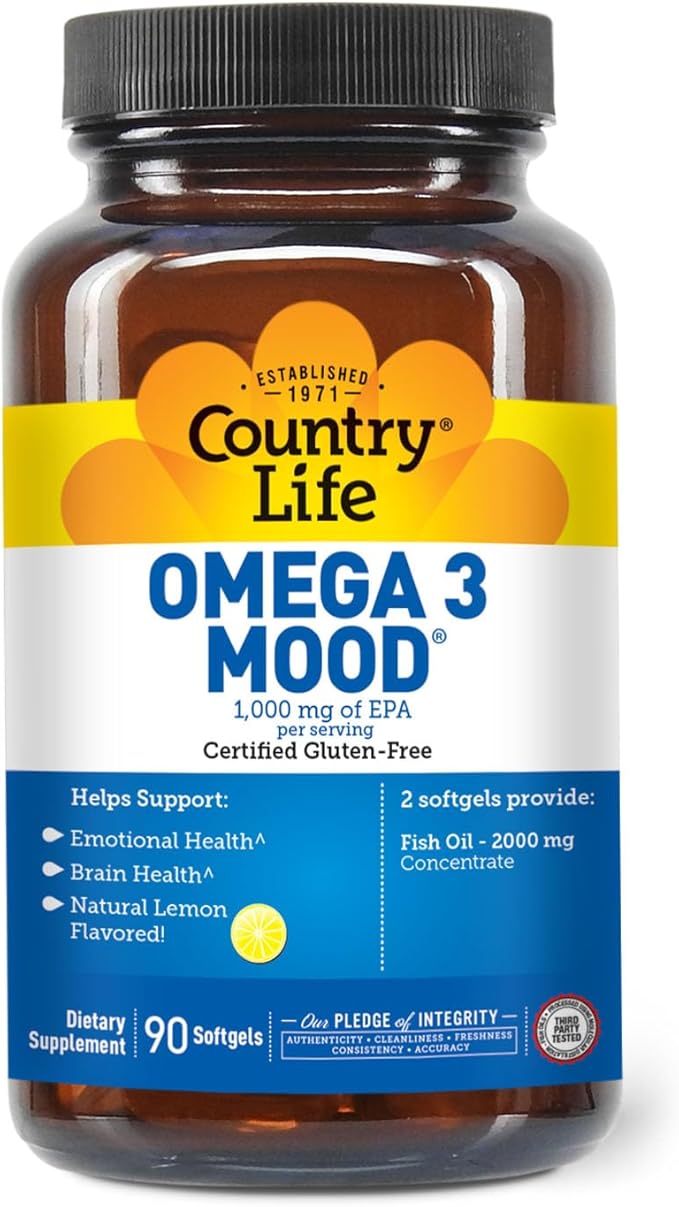Country Life Omega 3 Mood – 2000mg Fish Oil with EPA &amp DHA – Brain Heart &amp Mood Support – Lemon Flavored No Fishy Aftertaste – Certified Gluten Free Non-GMO – 90 Softgels