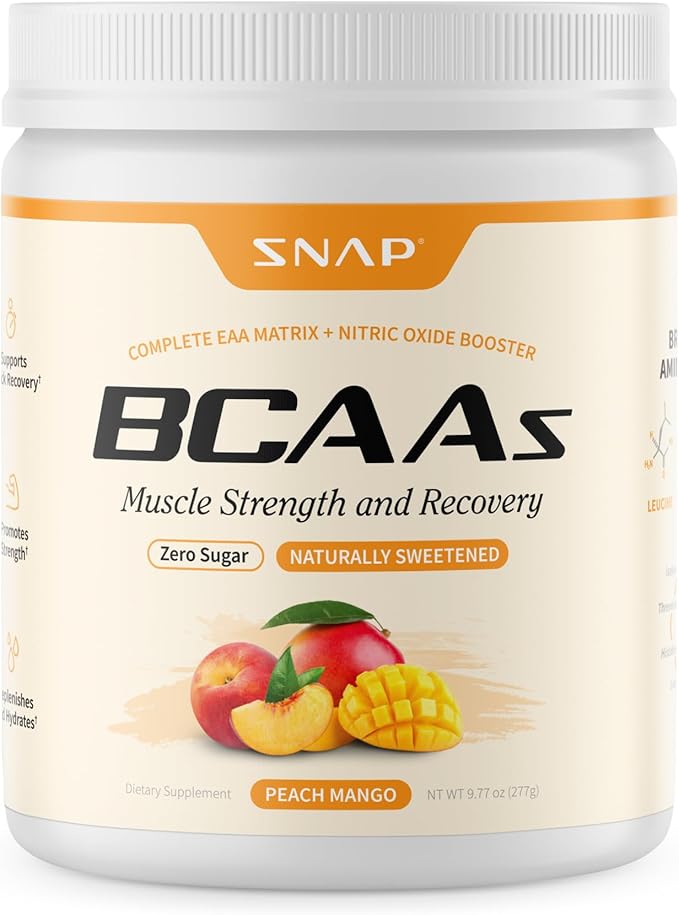 Snap Supplements BCAA Powder - 5g Vegan Branched Chain Amino Acids (2:1:1 Leucine Isoleucine Valine) + Essential Amino Acids with Nitric Oxide Booster 30 Servings Peach Mango