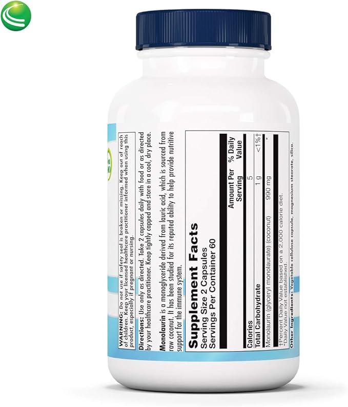 Nutra Biogenesis Monolaurin - Monolaurin Capsules Coconut Monolaurin Support Supplement for Men &amp Women 1000mg Per Serving for Adults - 120 Vegan Capsules