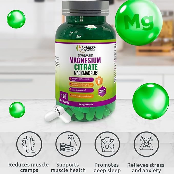 Magnesium Citrate 600mg 120 Capsules - 3-in-1 Magnesium Citrate Capsules with Vitamin D3 and Zinc Supplements - citrato de magnesio for Muscle Nerve Function Healthy Bones Teeth Fatigue/Tiredness