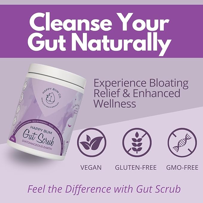Happy Bum Gut Scrub - Diatomaceous Earth Food Grade for Humans | Mineral Powder Supports Gut Health Bloating Relief | Rich in Silica Zinc &amp Minerals for Healthy Hair Skin Nail - 150g