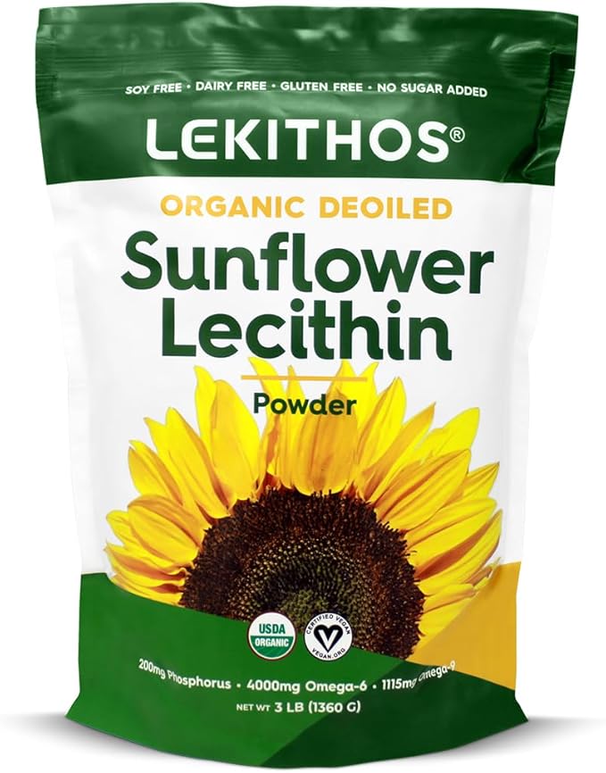 Organic Sunflower Lecithin Powder (Deoiled) | 1770mg Phosphatidylcholine Per Serving | Omega-6 &amp Omega-9 Fatty Acids | USDA Organic Non-GMO Soy-Free Gluten-Free Vegan | 3lb (1360g)
