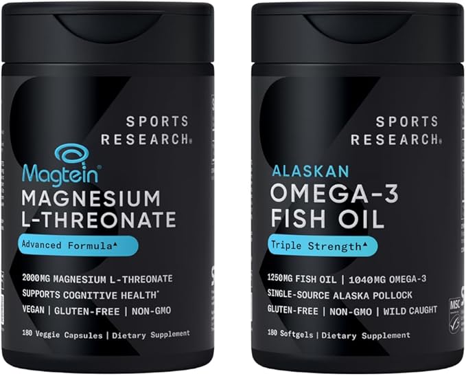 Sports Research 180 Count Cognitive Health Mega Pack Contains Triple Strength Omega 3 Fish Oil w/EPA &amp DHA Fatty Acids (1250 mg) &amp Magtein Magnesium L-Threonate (2000mg)