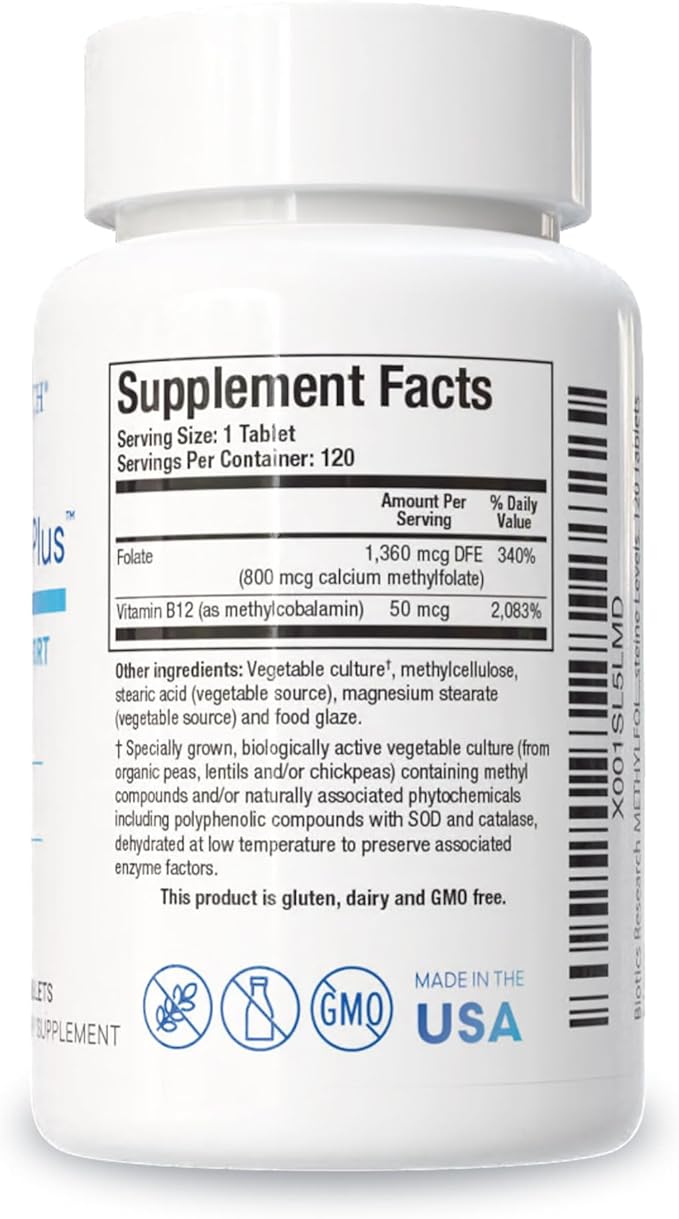 Biotics Research METHYLFOLATE Plus™ Methylfolate Bioactive Folate + B12 Supports Cardiovascular Health Fetal Development Nerve Health Methylation Support Homocysteine Levels. 120 Tablets