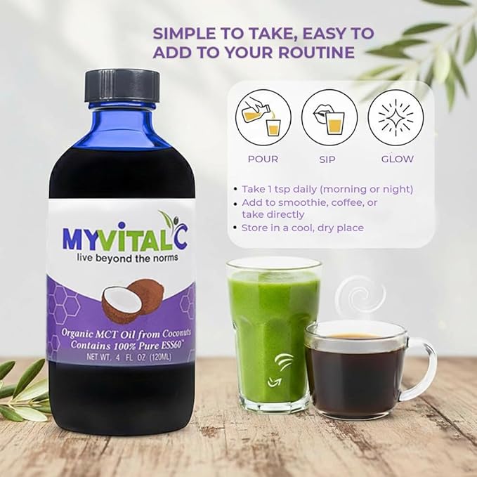 MyVitalC Organic MCT Oil Coconut Derived - Pure ESS60 Antioxidant Supplement - For Anti-Aging Oxidation Longevity Sleep More Energy - 120ML