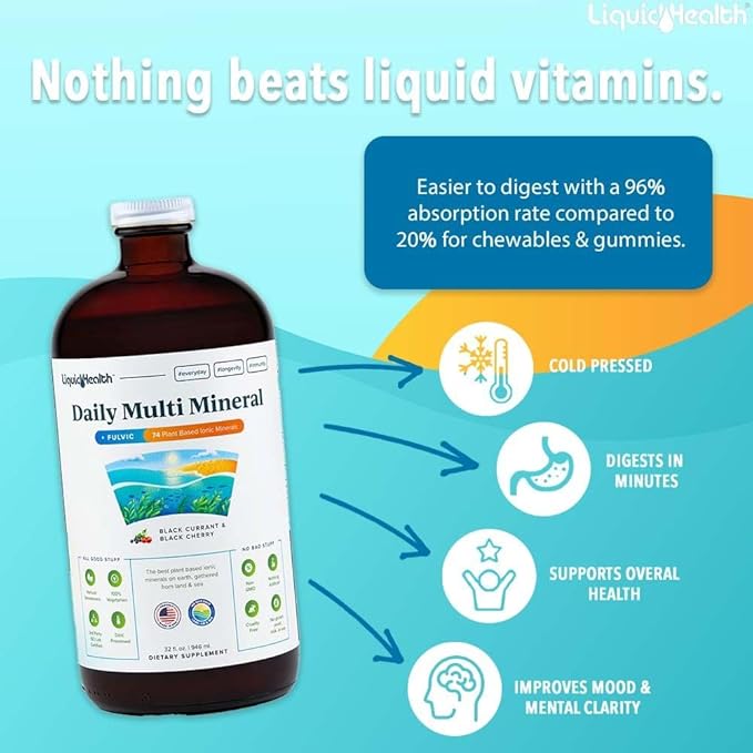 LIQUIDHEALTH Daily Multi Mineral Liquid Supplement with Fulvic Acid Plant Based Ionic Aquamin Sea Trace Ocean Minerals - Immune Support Energy Gut Health Detox - Made in USA Vegetarian (2 Pack)