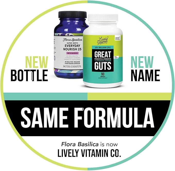 LIVELY VITAMIN CO. Great Guts Probiotic - 25 Billion CFU Probiotic - Balance Gut Microbiome GI Tract Inflammation Indigestion Reflux Upset Stomach &amp Diarrhea - 90 Caps