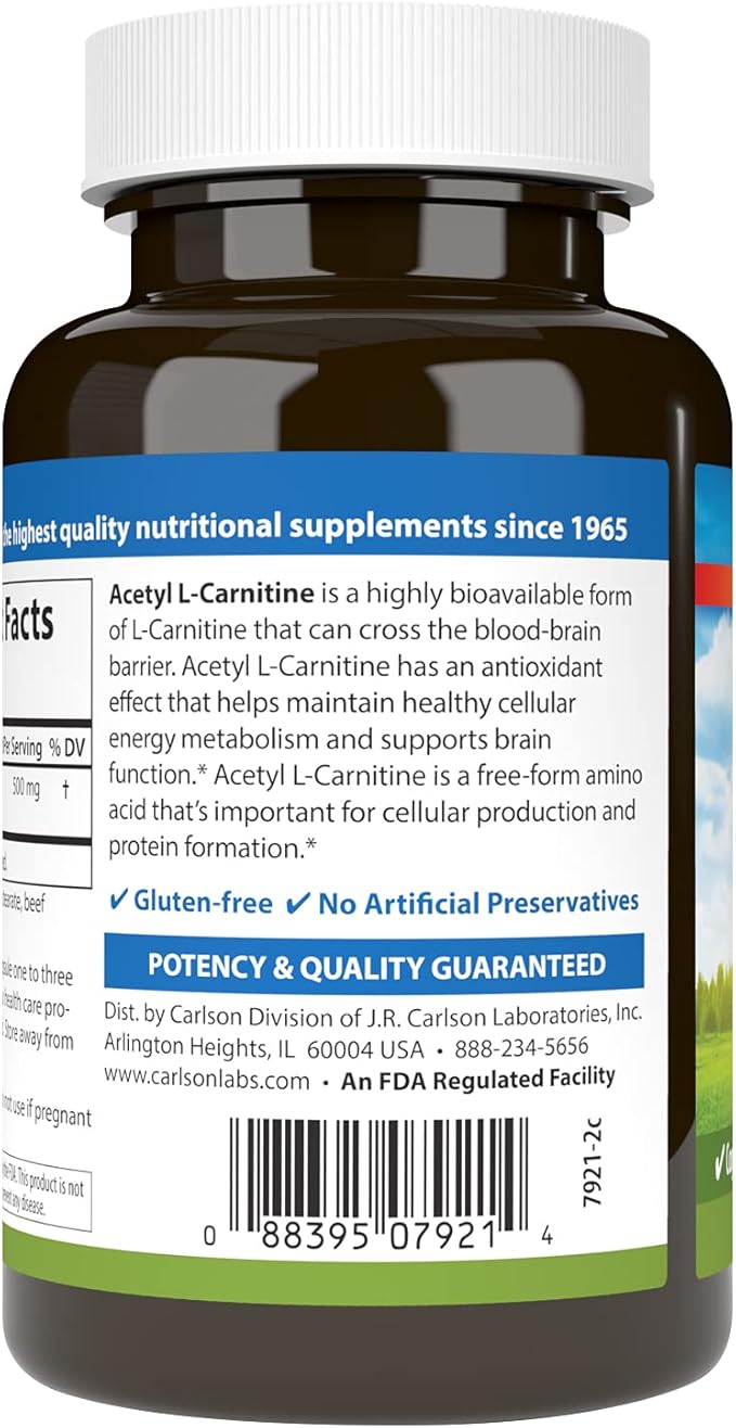 Carlson - Acetyl L-Carnitine 500 mg Cognitive Health Brain Function &amp Energy Production 120 Capsules