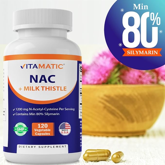 Vitamatic NAC Supplement N-Acetyl-L-Cysteine (NAC) with Milk Thistle 50:1 Extract - Supports Immune Respiratory Liver Health 1200 mg per Serving 120 Veg Capsules - 2 Pack