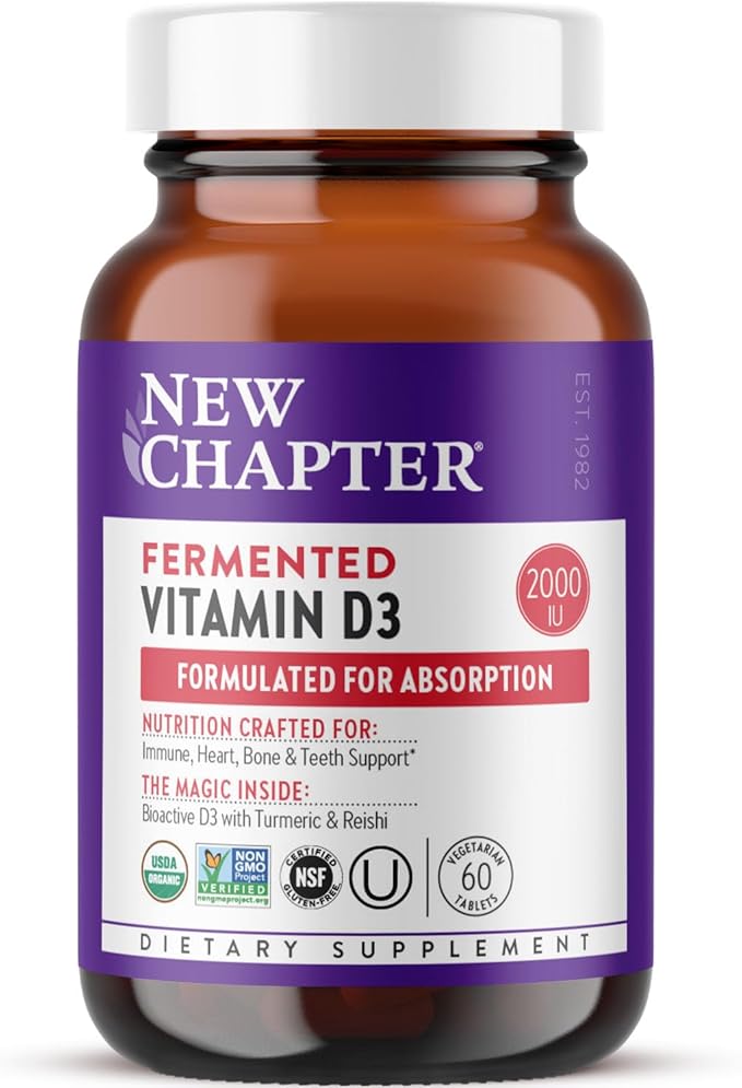 New Chapter Fermented Vitamin D3 2000 IU Organic ONE Daily for Immune Heart &amp Bone Support + Whole-Food Turmeric Adaptogenic Reishi Mushroom 100% Vegetarian Gluten Free 60 Count
