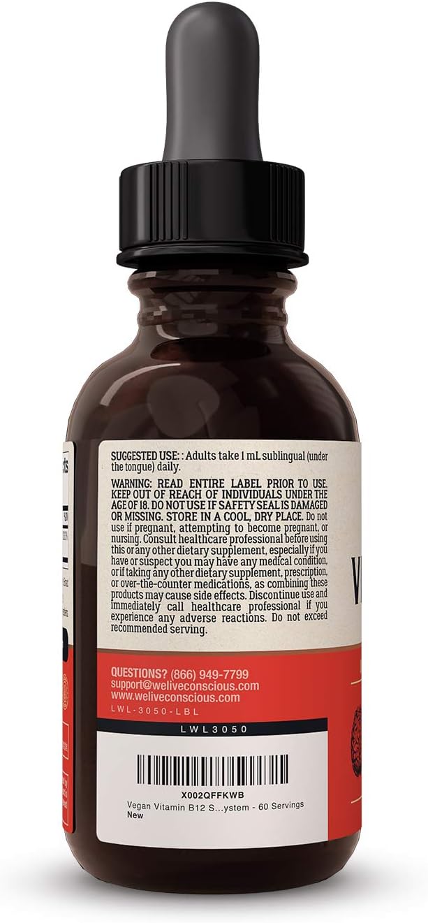 Live Conscious Vegan Vitamin B12 Sublingual Liquid Drops | Methylcobalamin Max Strength B12 5000mcg Formula | Vegan B 12 Vitamin Support Energy | Promote Memory &amp Aid Immune System | 60 Serving