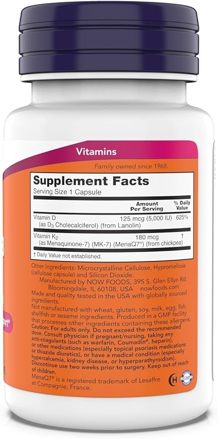 Now Supplements Mega D-3 &amp MK-7 5000 IU / 180 mcg Bone &amp Cardiovascular Support* Vitamins K-3 &amp K-2 180 Capsules (Pack of 2)