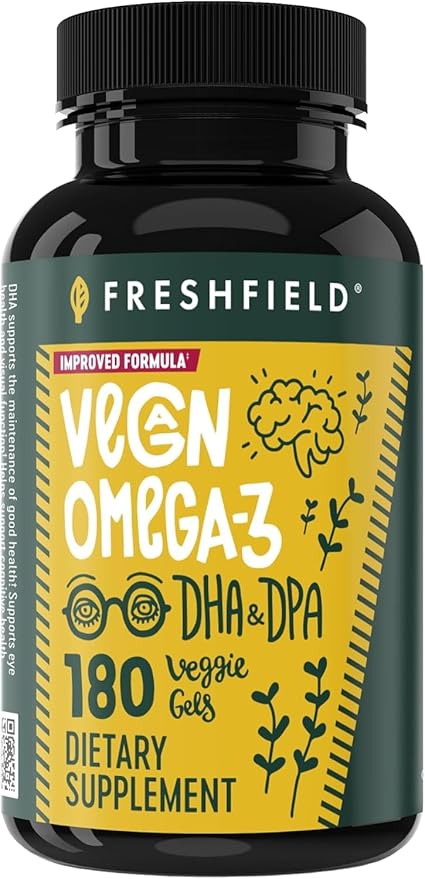 Freshfield Vegan Omega 3 Algae (Algal) Oil Fish Oil Free Company Third Party Tested Carrageenan Free DHA Supplement w/DPA Plant Based Omega. Supports Heart Brain Joint Health
