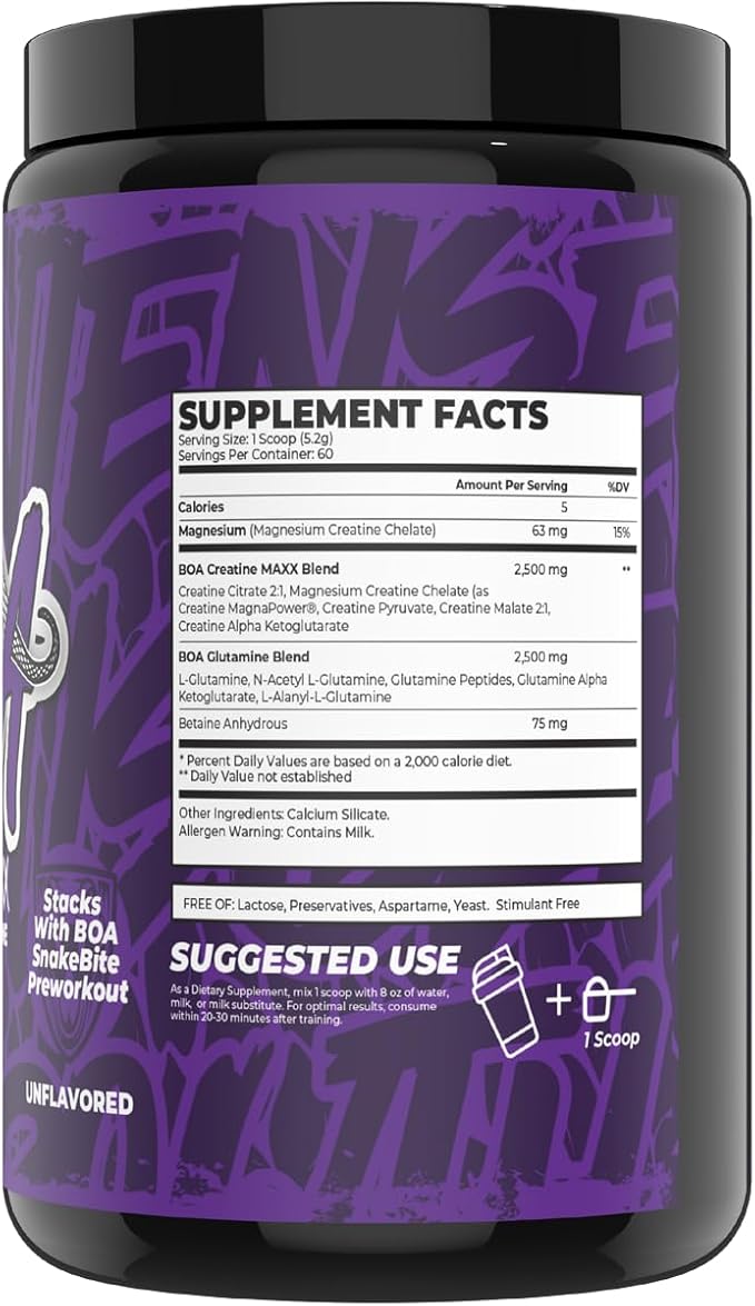 BOA Creatine MAXX Creatine + Glutamine Powder Unflavored Muscle Recovery &amp Performance Support (60 Servings)