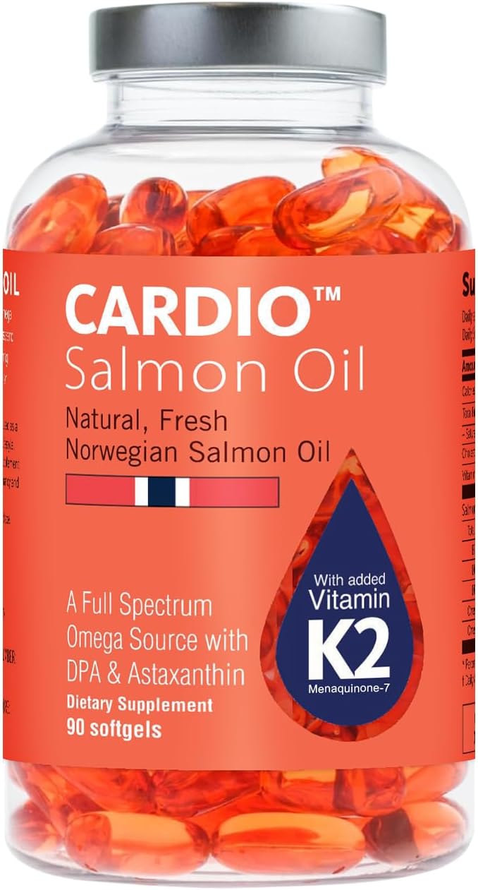 Cardio Omega 3 Fish Oil &amp Vitamin K2-1000mg Norwegian Salmon Oil with EPA DHA DPA &amp Astaxanthin No Fishy Aftertaste Fatty Acids Supplement - 90 Capsules
