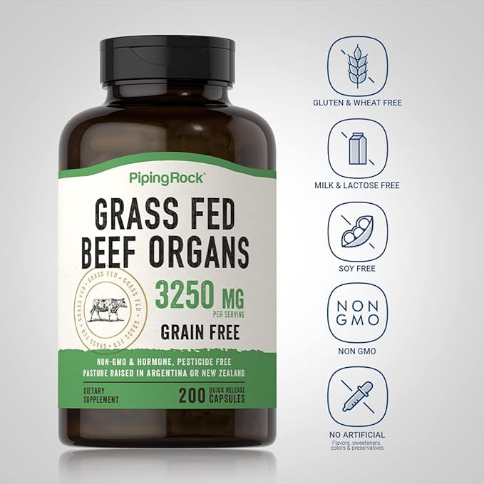 Piping Rock Grass Fed Beef Organs Supplement | 3250 mg | 200 Capsules | for Women and Men | Non-GMO Gluten Free